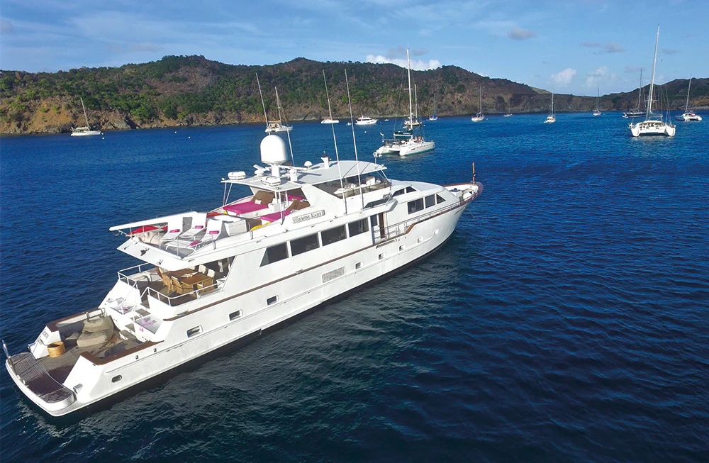 Broward 100 superyacht in deep blue waters near Gustavia